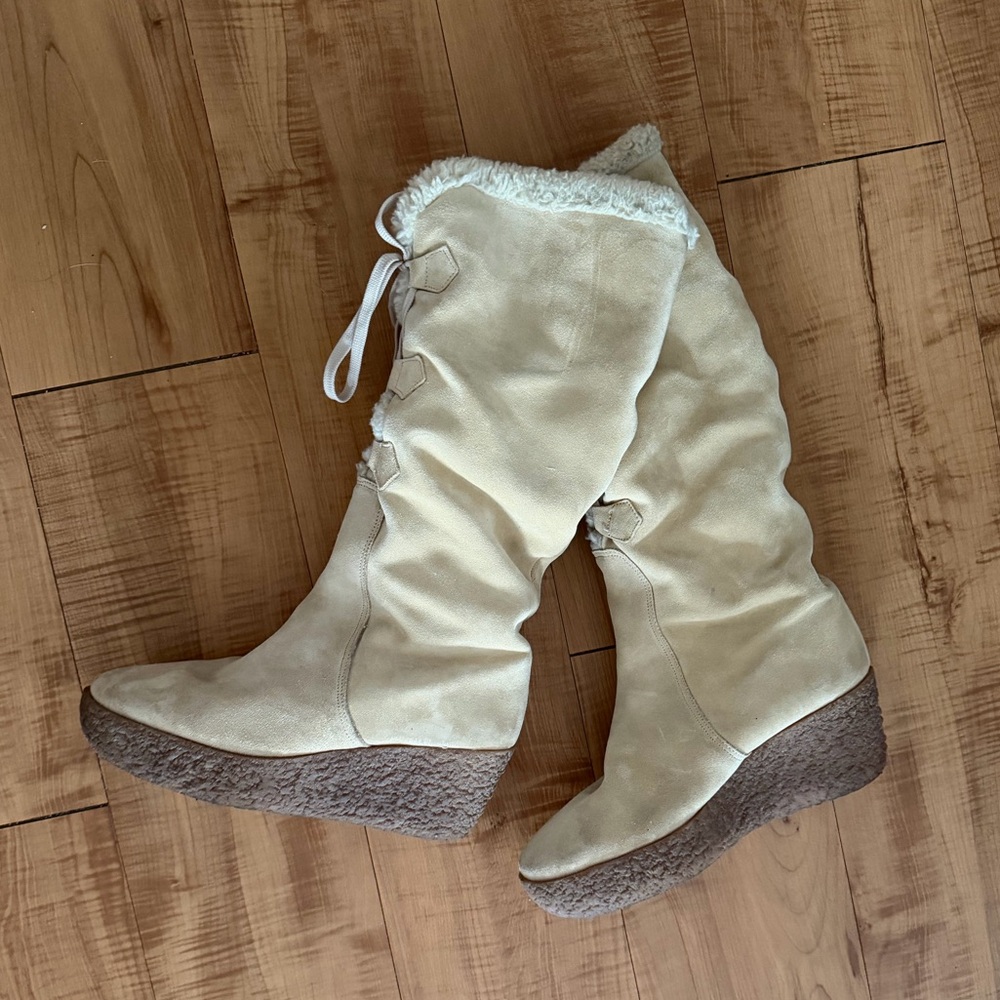 Michael Kors Genuine Suede Sherpa Lined Cozy Beige Tan Platform Wedge Boots